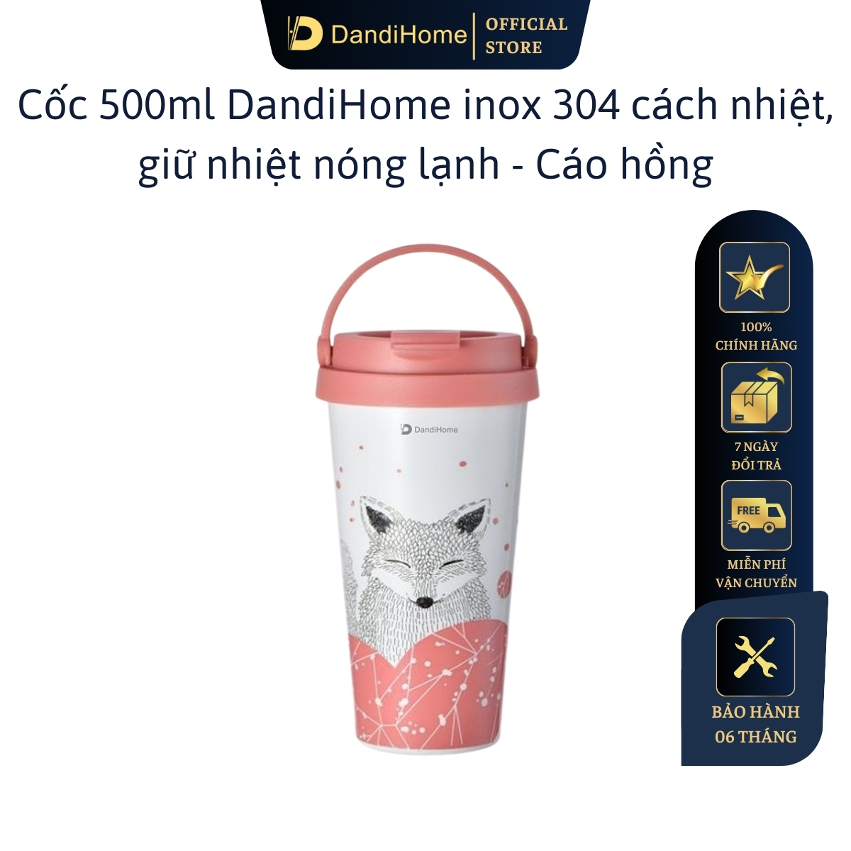 Cốc Ly Cách Nhiệt, Giữ Nhiệt Dandihome Inox 304 500Ml - Cáo Hồng