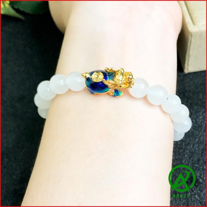 Vòng Phong Thủy Mệnh Kim_Thủy - Vòng Tay Nam Nữ Mã NãoTrắng Mix Long Quy Vàng Đổi Màu Độc Lạ 8mm V374-8