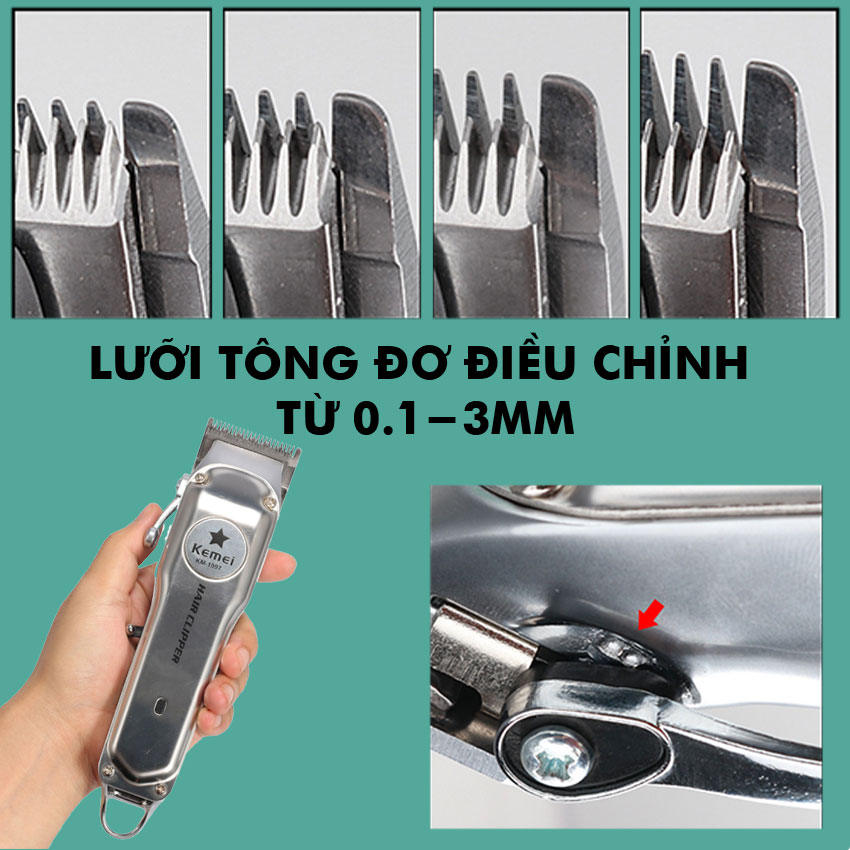 Tông đơ cắt tóc chuyên nghiệp Kemei KM-1997 thiết kế pin lithium 2000mAh sạc nhanh, toàn thân là hợp kim nhôm cao cấp Tặng kèm 1 kẹp cá sấu chia tóc tiện lợi