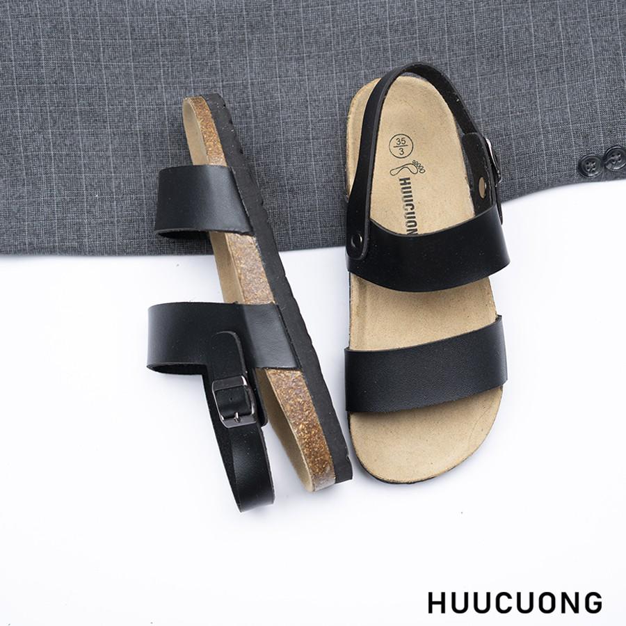 Giày Sandal Unisex HuuCuong 2 quai đen đế trấu