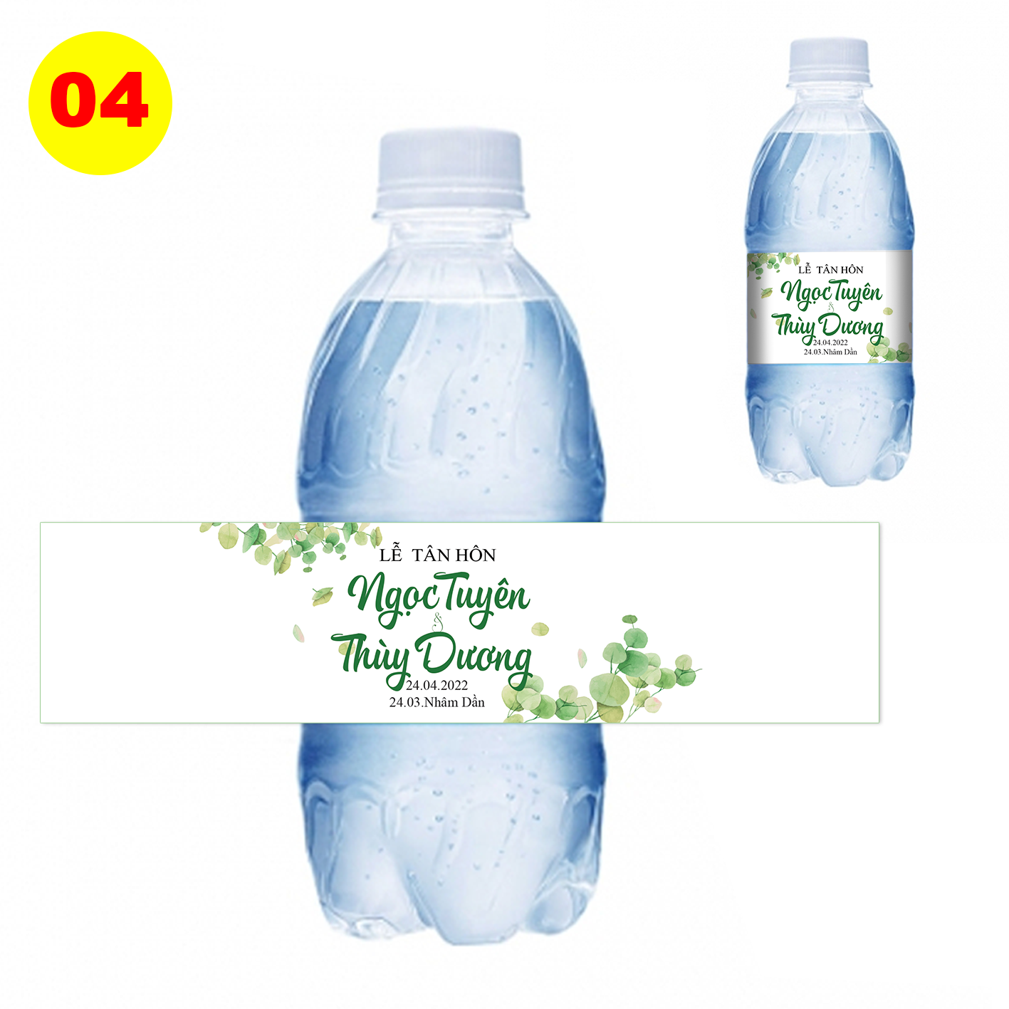 Decal nhãn dán chai nước đám cưới - chai tròn MS 04