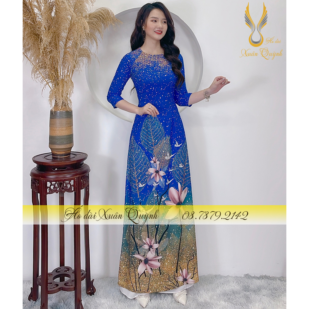 Áo Dài Truyền Thống Hoa Phối Chấm Bi Sang Trọng, Thanh Lịch Lụa Habutai Cao Cấp K66