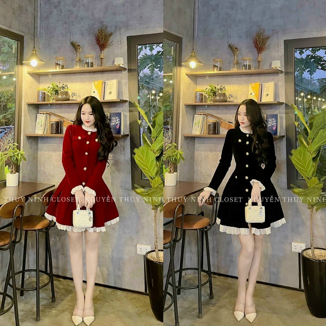 đầm nữ cài nút thật cổ xếp ly, túi giả tay dài phối bèo cự xinh NEW