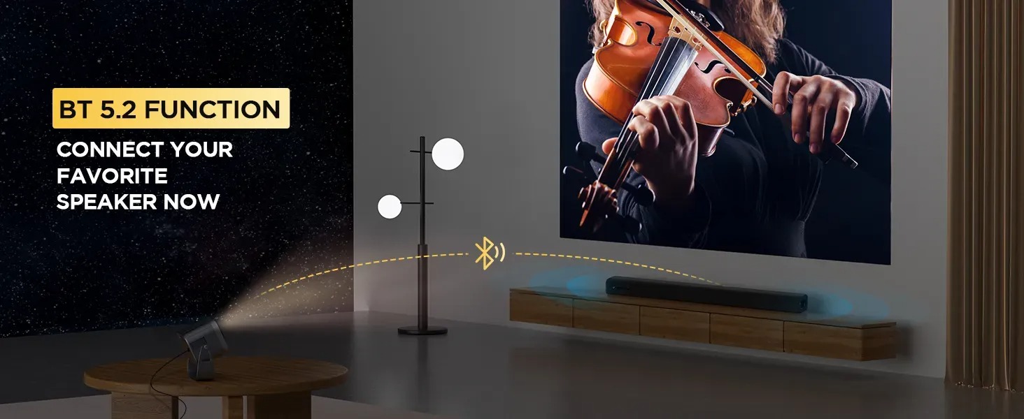 Máy chiếu android có điều khiển cử chỉ và giọng nói tiếng việt, Bluetooth, loa, kết nối màng hình điện thoại, Wifi kép 2 băng tần, cài sẵn ứng dụng tivi truyền hình cáp bóng đá và phim HD miễn phí vĩnh viễn - Hàng Nhập Khẩu