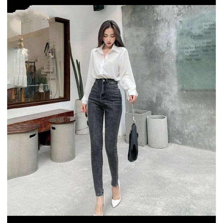 Quần Jeans Nữ Baggy Khói Xước Thêu Túi Cạp Cao