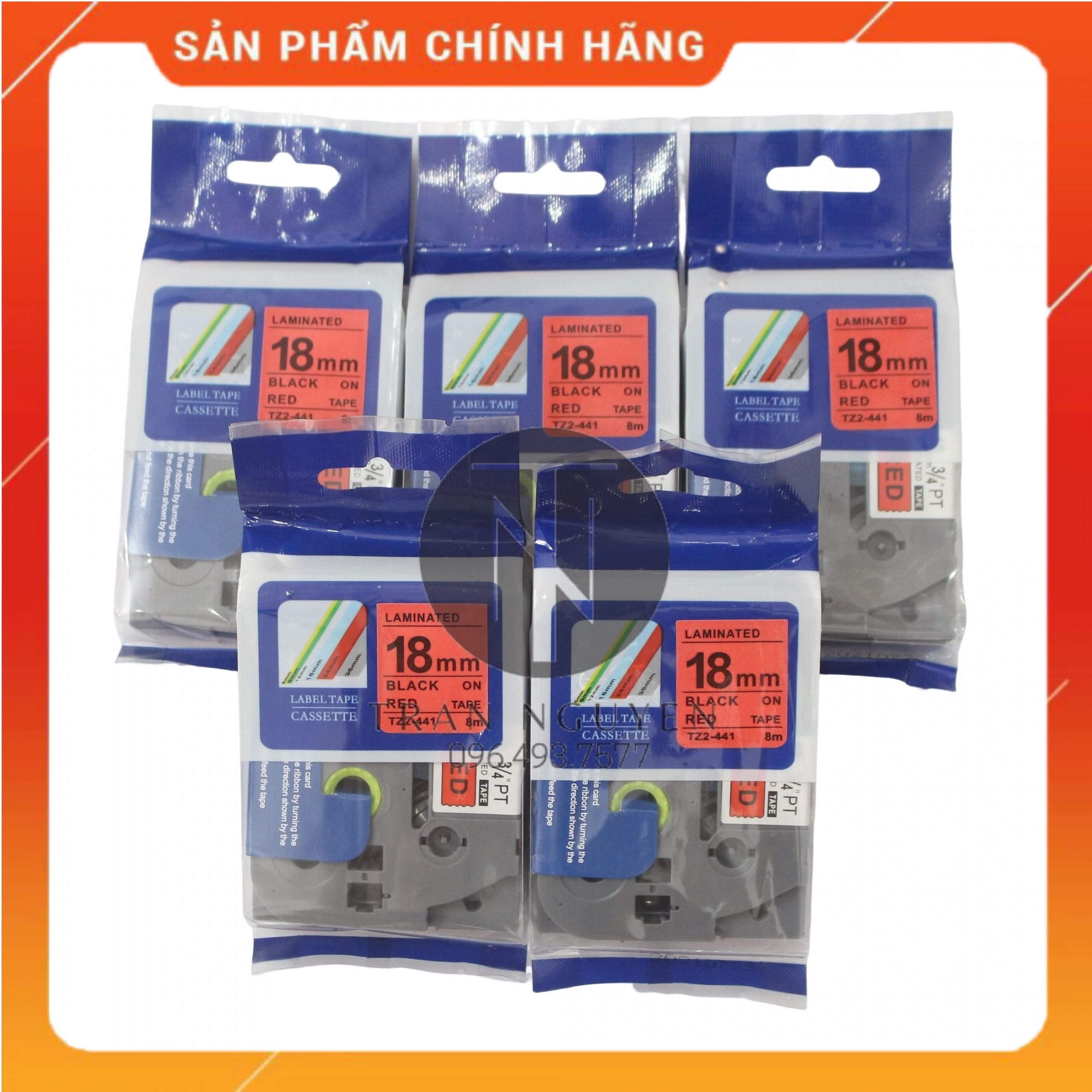 Nhãn In đa lớp Tz2-441 - Đen nền đỏ 18mm x 8m - Hàng nhập khẩu