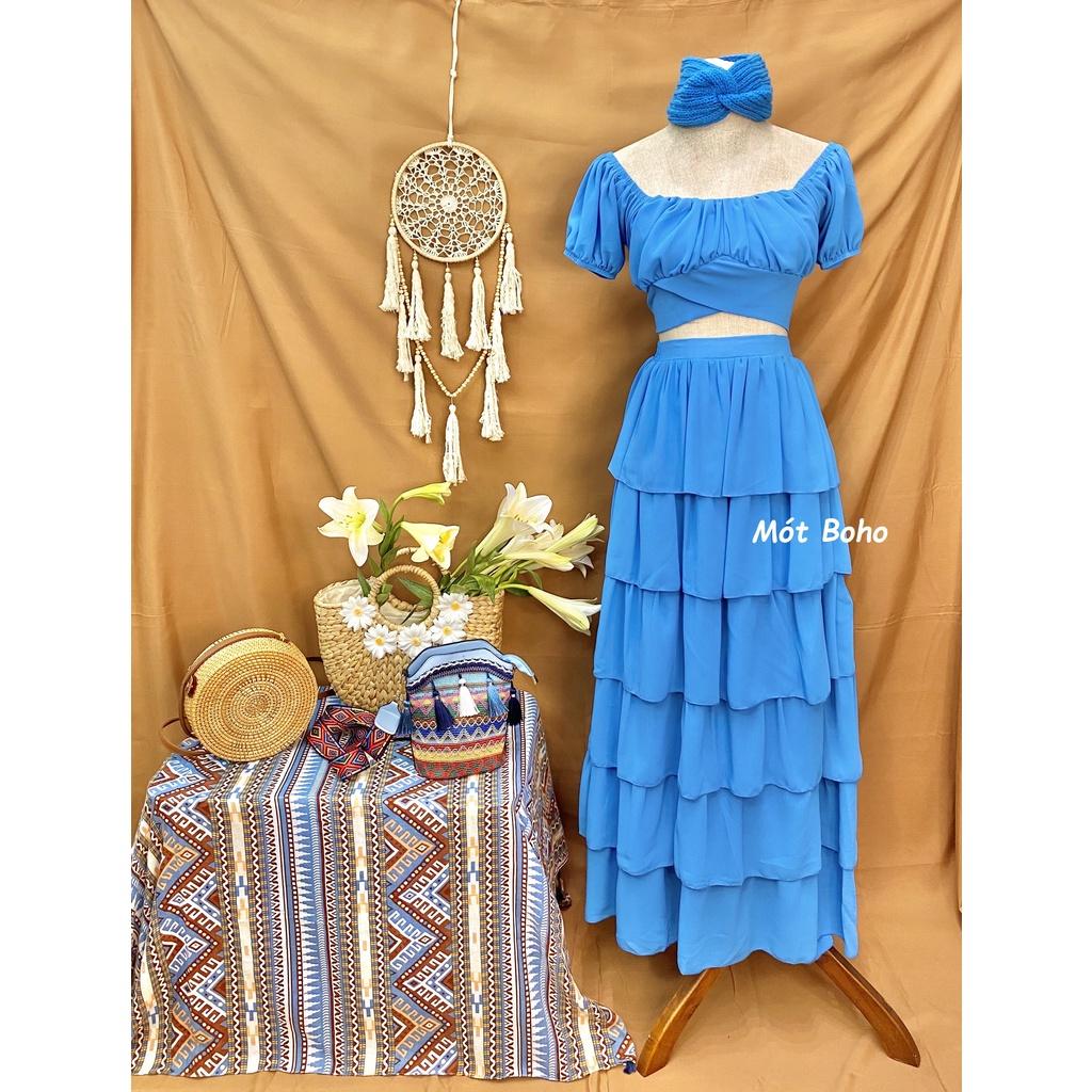 Sét áo tay cộc và chân váy voan 6 tầng kèm turban