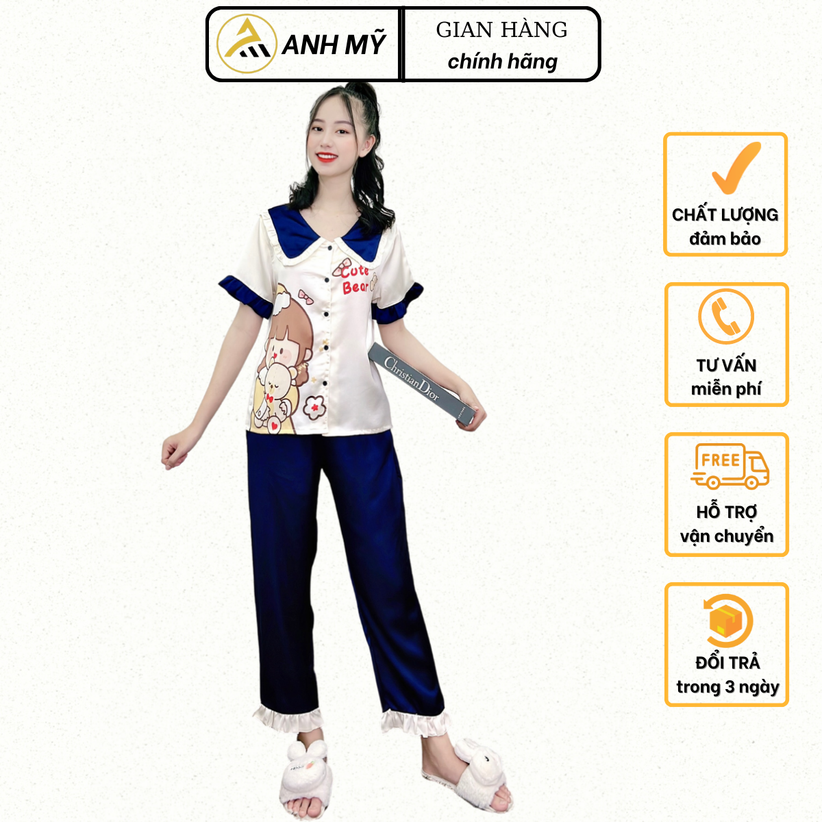 Đồ bộ mặc nhà pijama nữ A ANH MỸ lụa SATIN CỘC - DÀI STTN01
