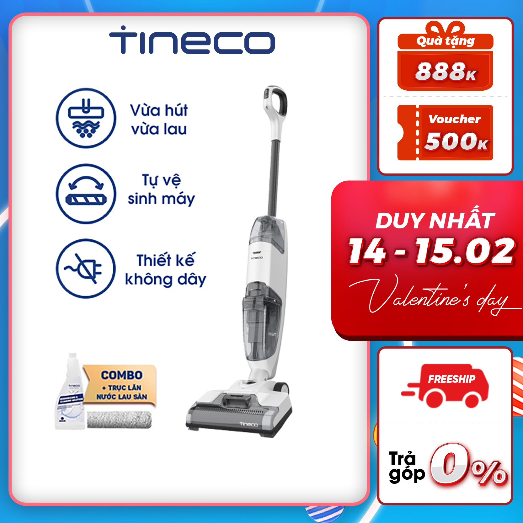 Combo Máy Hút Bụi Lau Nhà Không Dây Tineco Ifloor 2 - Hút Và Lau 2in1 - Tự Vệ Sinh Trục Lăn + Trục Lăn + Nước Lau Sàn