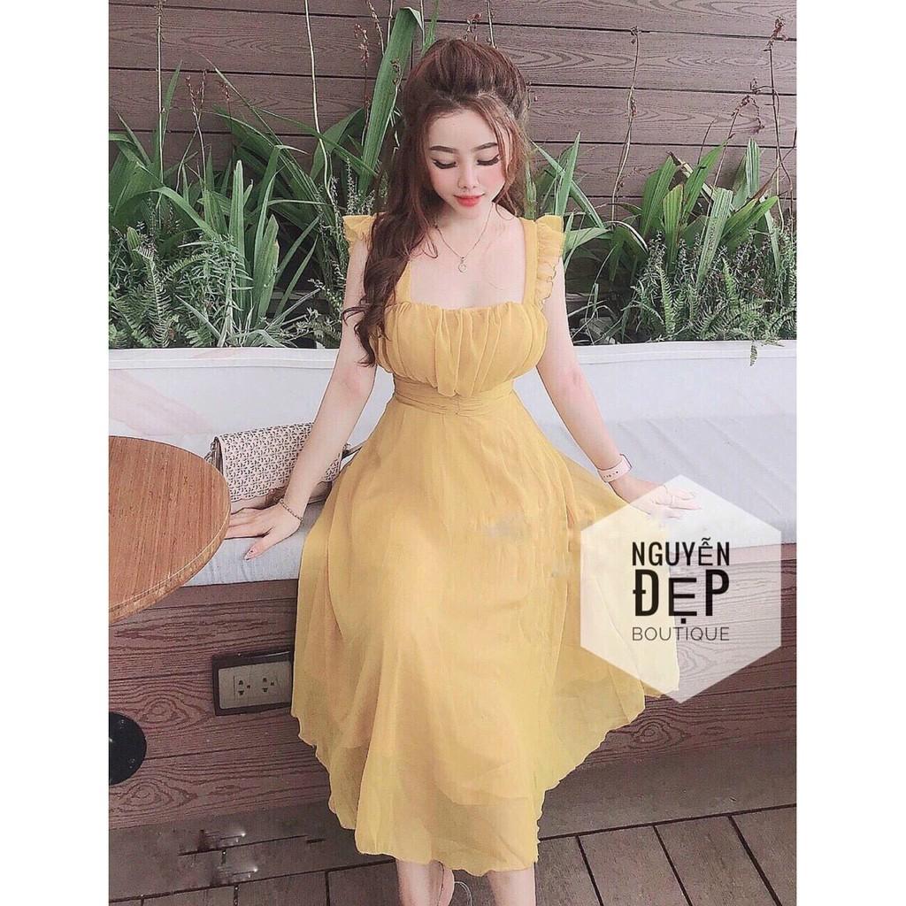 Đầm maxi voan 2s bèo nhún ngực kèm mút