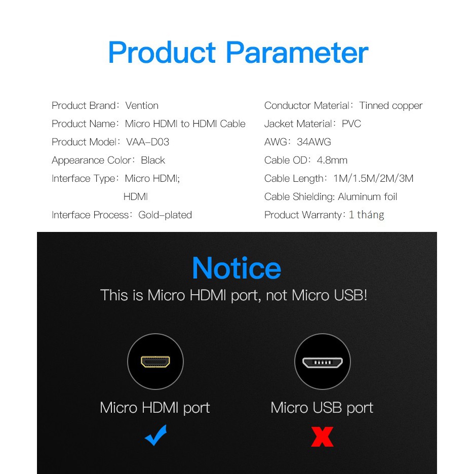 [ Micro HDMI ra HDMI ] Cáp chuyển / đầu chuyển đổi Micro HDMI male ra HDMI male Vention VAA-D03 / AITB0 - Hàng chính hãng