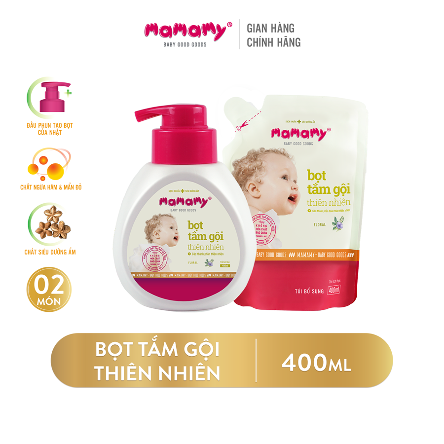 Combo 1 Chai Bọt Tắm Gội Thiên Nhiên Mamamy 200ml + 1 Túi Bổ Sung Floral 200ml