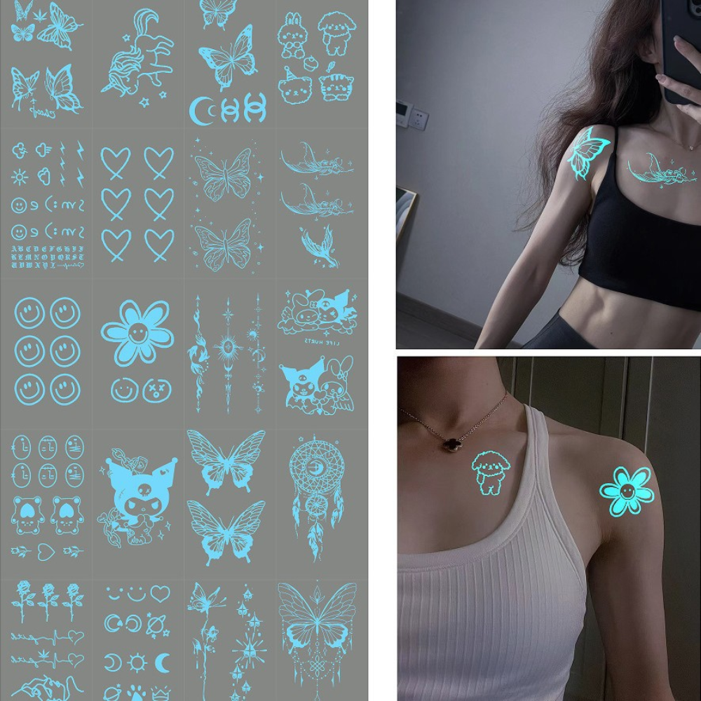 Set 20 Tờ Hình Xăm Phát Sáng Miếng Dán Tattoo Tạm Chời Hình Bướm, Trái Tim, Gấu, Mặt Cười, Hoa