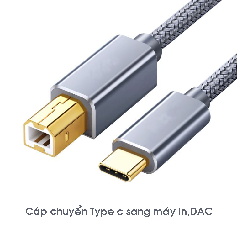 Cáp chuyển Type C sang máy in, máy FAX, DAC USB 2.0 Type B dây bện dù cao cấp dài 2m đầu mạ vàng