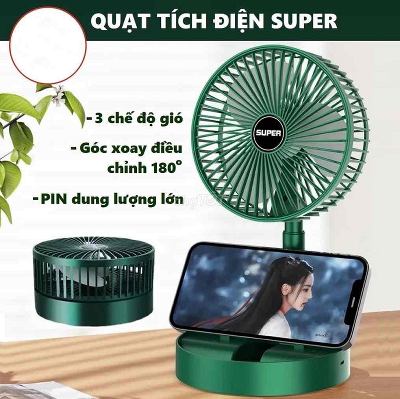 Quạt mát Super mini tích điện để bàn gấp gọn tiện dụng 3 cấp độ