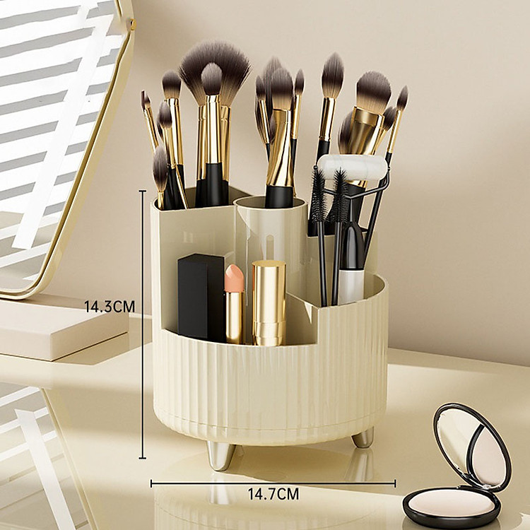 Kệ Đựng Bút Nhựa Màu Kem Xoay 360 Độ 5 Ngăn Để Bàn Làm Việc Tiện Lợi Đựng Cọ Trang Điểm