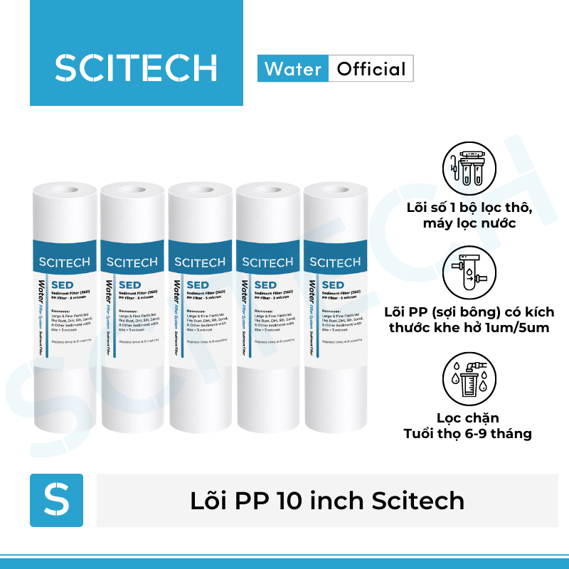 Combo 5 lõi lọc nước số 1 PP 10 inch 5 micron dùng trong máy lọc nước Nano/UF/RO, bộ lọc thô - Hàng chính hãng