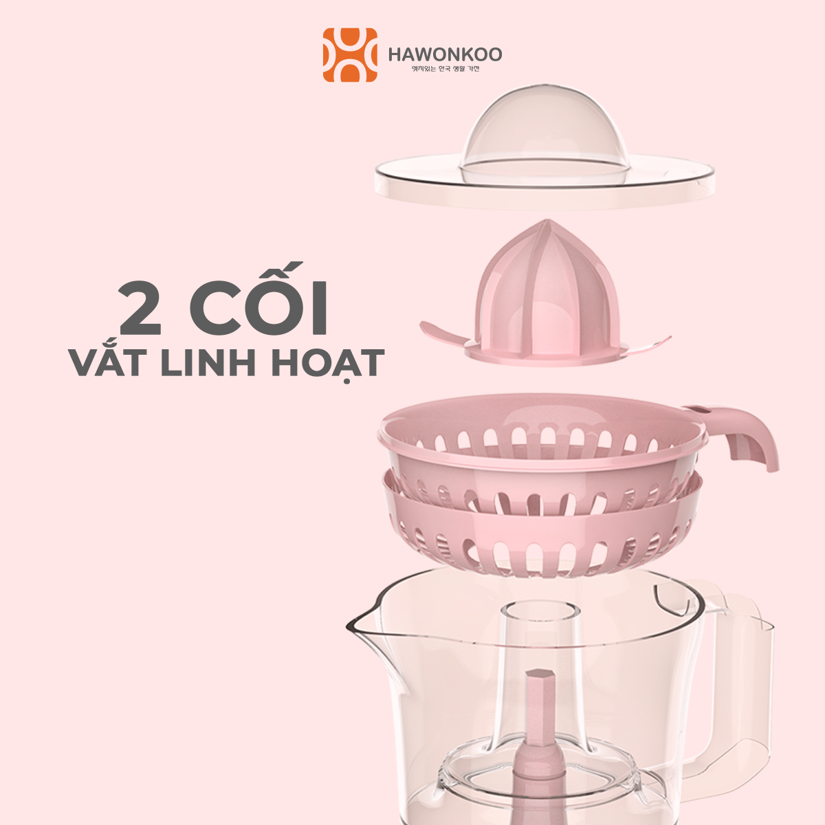 Máy Vắt Cam HAWONKOO OJH-001-PK Hồng Pastel 30W 600ML Hàng Chính Hãng Bảo Hành 12 Tháng - Thương Hiệu Hàn Quốc