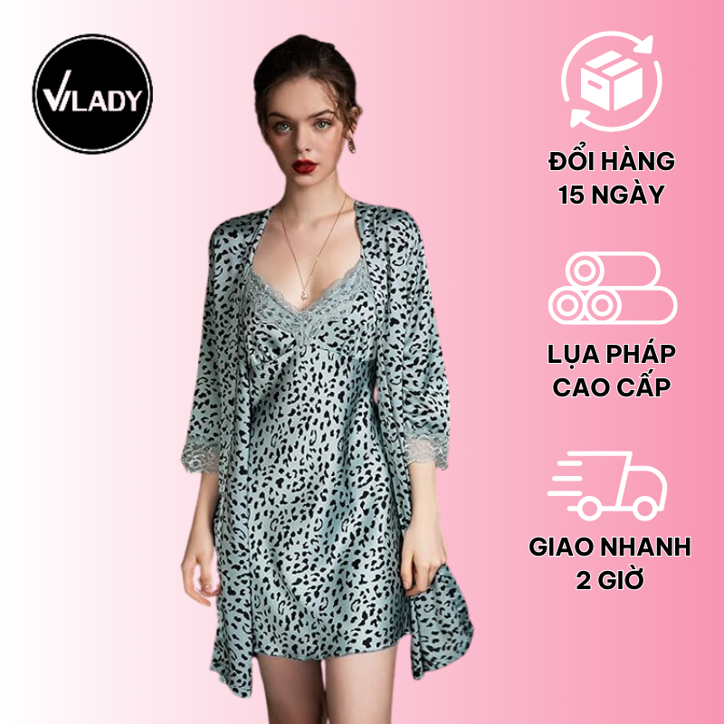 Set áo choàng kèm váy ngủ 2 dây gợi cảm VILADY - S109 kiểu tay dài phối ren bo gấu xinh Sexy chất liệu lụa Pháp cao cấp