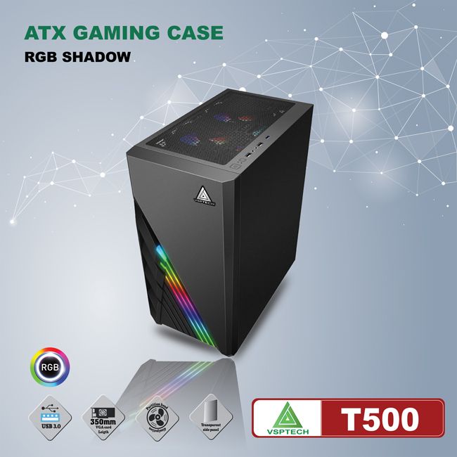 Vỏ máy tính Case VSP T500 LED (ATX/Micro ATX) Kính cường lực không FAN - Hàng chính hãng TECH VISION phân phối