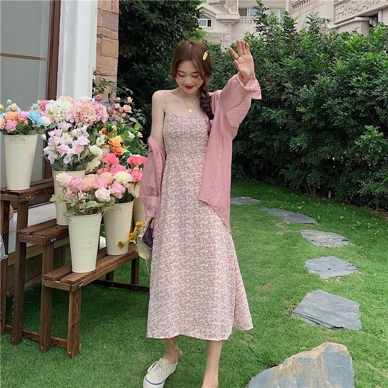 Đầm 2 dây hoa nhí vàng và hồng