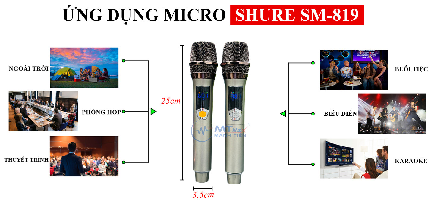 Micro Không Dây Đa Năng Shure SM-819 - Micro Karaoke Cao Cấp Tích Hợp Sạc Pin Trực Tiếp Ngay Trên Micro, Âm Thanh Mượt Mà Bắt Sóng Lên Đến 25m hàng chính hãng