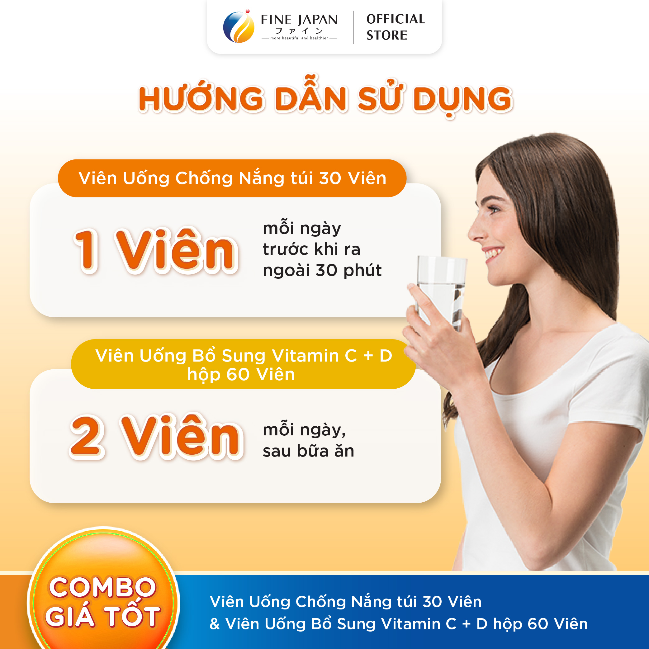 [UV & Vitamin CD] Combo Chống nắng sáng da FINE JAPAN - Viên uống chống nắng & Viên uống bổ sung Vitamin C + D 30 ngày