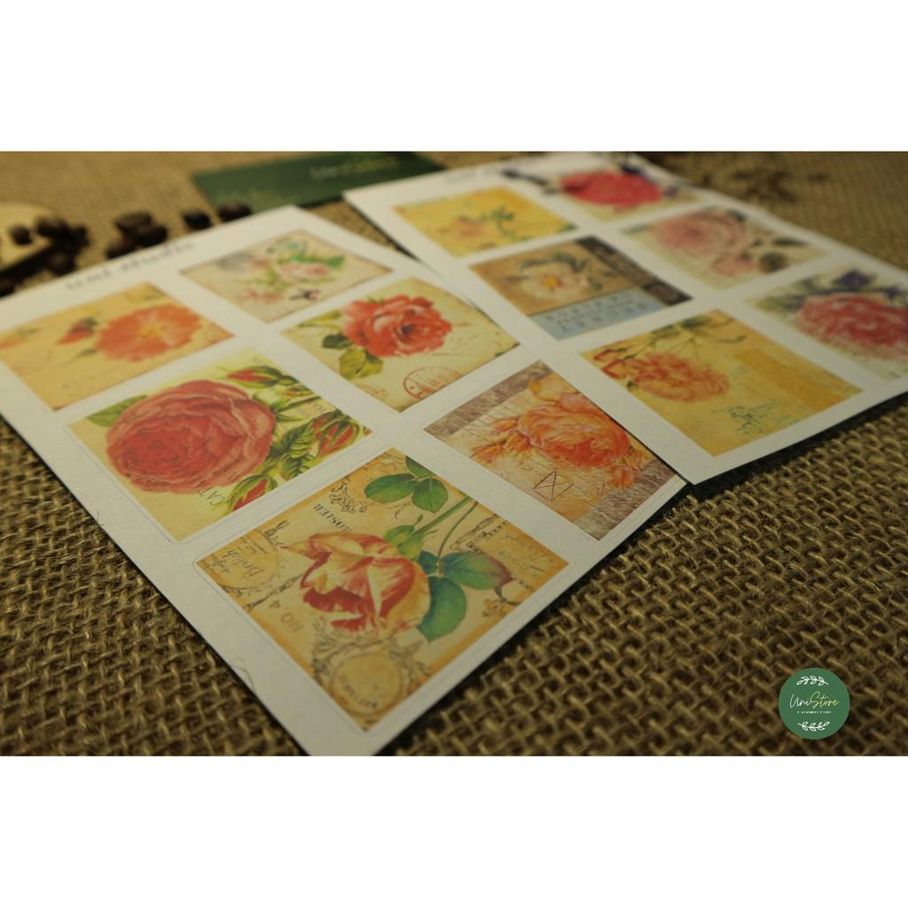 set 2 tấm sticker vintage - sticker post card vintage chủ đề hoa hồng - uni005