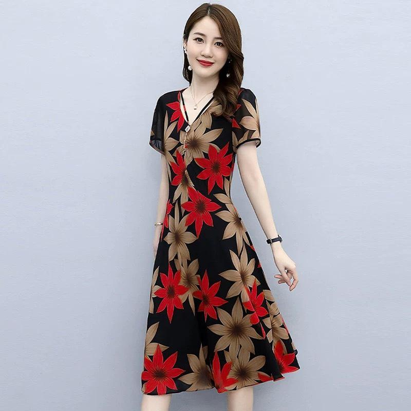 Đầm váy nữ voan hoa trung niên dự tiệc dạo phố màu đỏ đen cao cấp