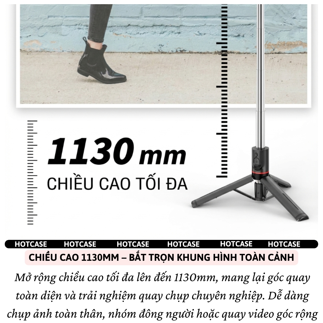 Gậy chụp hình selfie tripod 3 chân bluetooth không dây Xoay 360 độ HOTCASE I12 cho iPhone 17 16 15 14, samsung, oppo, vivo - Gập Gọn 3in1, Chống Rung Cực Đỉnh, Xoay 360°, Cao 1130mm - Hàng nhập khẩu