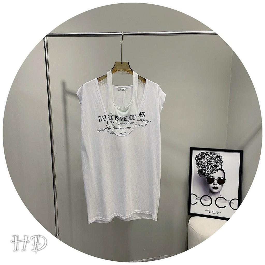 Bộ Áo Tanktop Kèm Áo Croptop In Chữ Vải Cotton