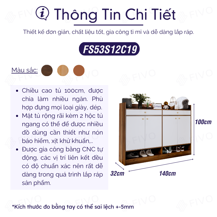 Tủ Đựng Giày Hiện Đại FIVO FS53, Chất Liệu Gỗ MDF, Chống Trầy Xước Bề Mặt, Chân Tủ Chắc Chắn, Có Kèm 2 Hộc - Ngang 140cm