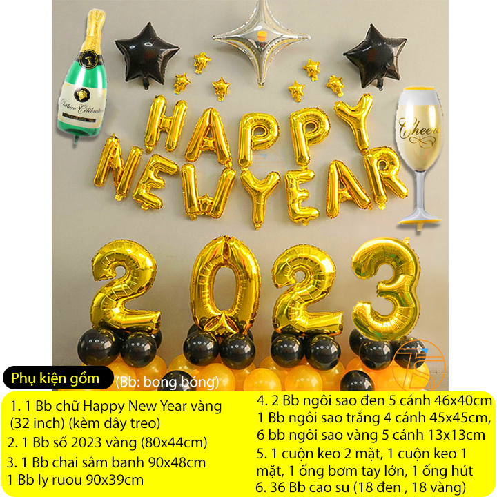 Set bong bóng Happy New Year trang trí chúc mừng năm mới cho lễ tết 2023 cho tiệc tùng đêm giao thừa đón xuân sang