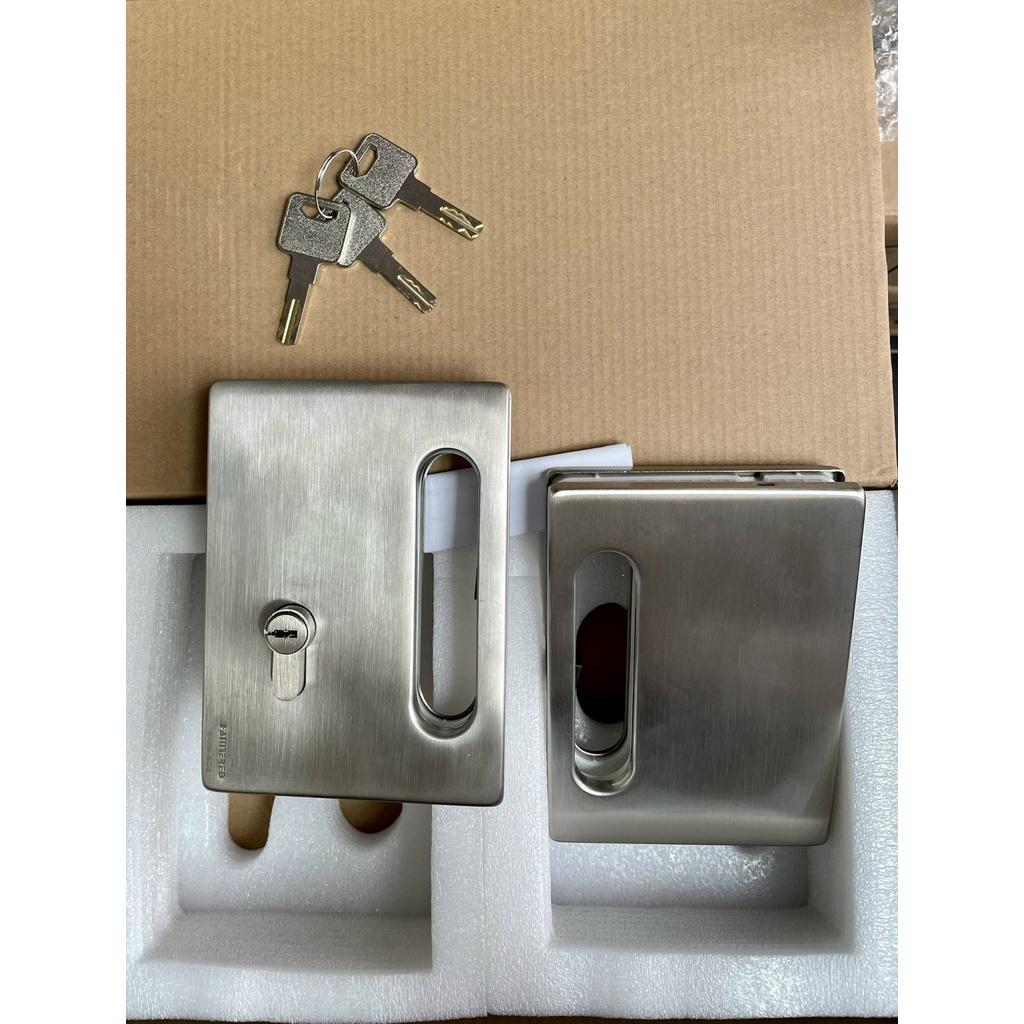 Khóa cửa kính 2 cánh tay nắm âm vuông HAMMERED - Khoá cửa kính cường lực INOX304 mờ