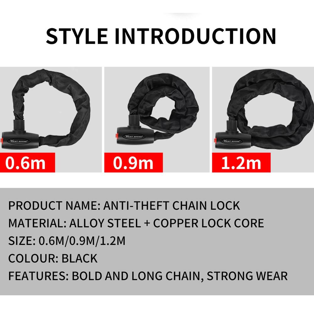 Khóa xích xe đạp WEST BIKING Khóa xe đạp an toàn chống trộm với 2 chìa Khóa dây xích xe máy bằng thép hợp kim gia cố