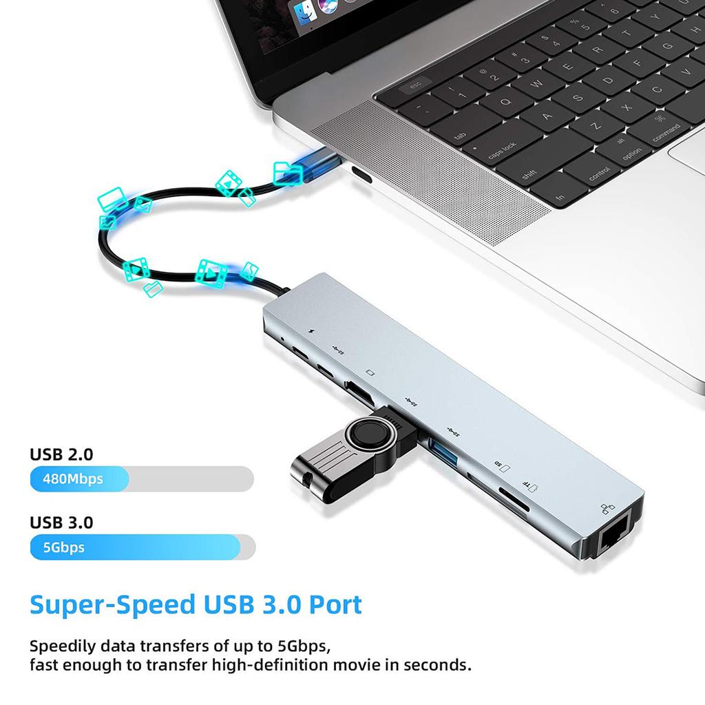 Aluminum Multifunction USB Type-C 8 In 1 HDMI Hub Adapter Card Reader Silver