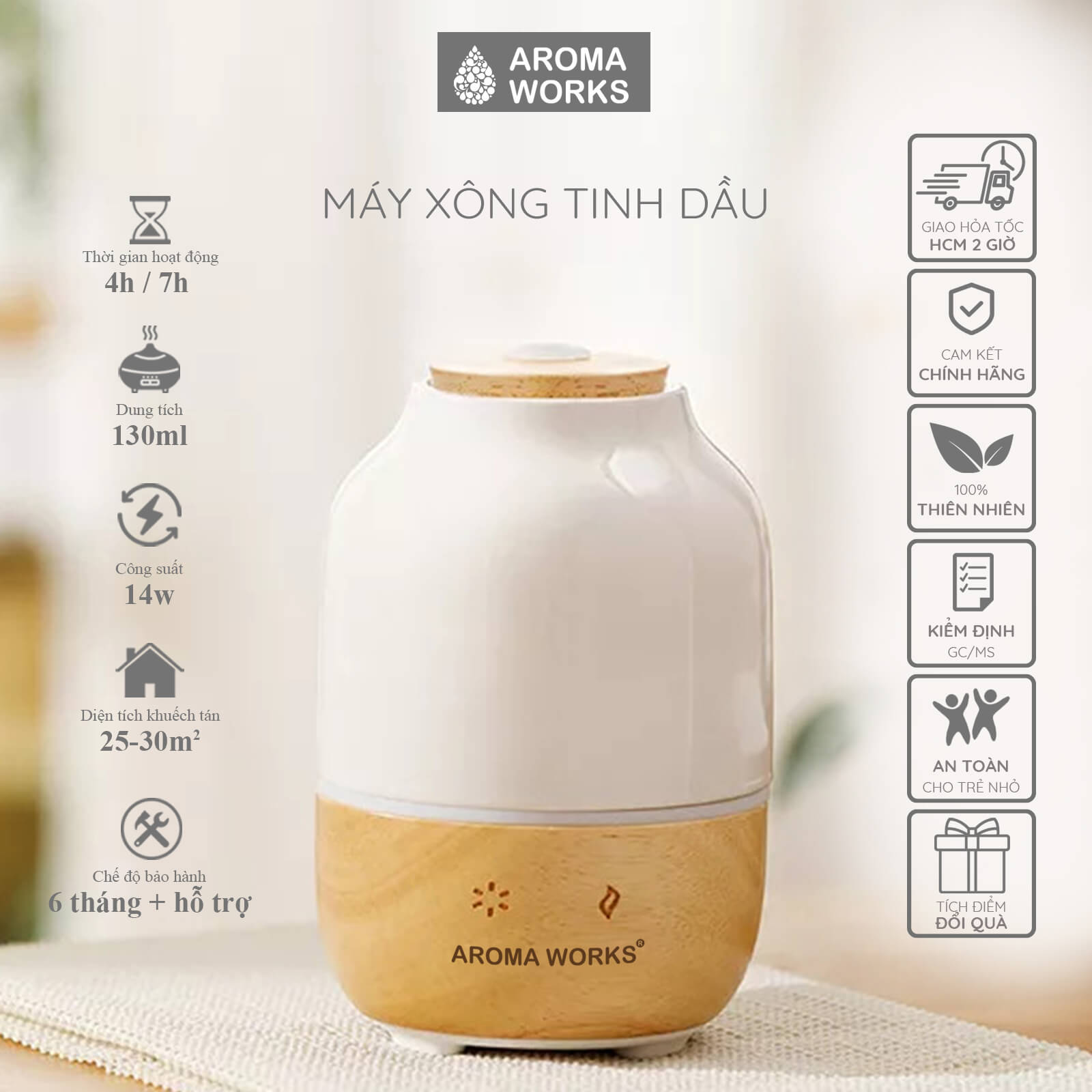 Máy xông tinh dầu Aroma Works xông phòng làm đèn ngủ, giúp khử mùi, đuổi muỗi, thanh lọc không khí, dễ ngủ