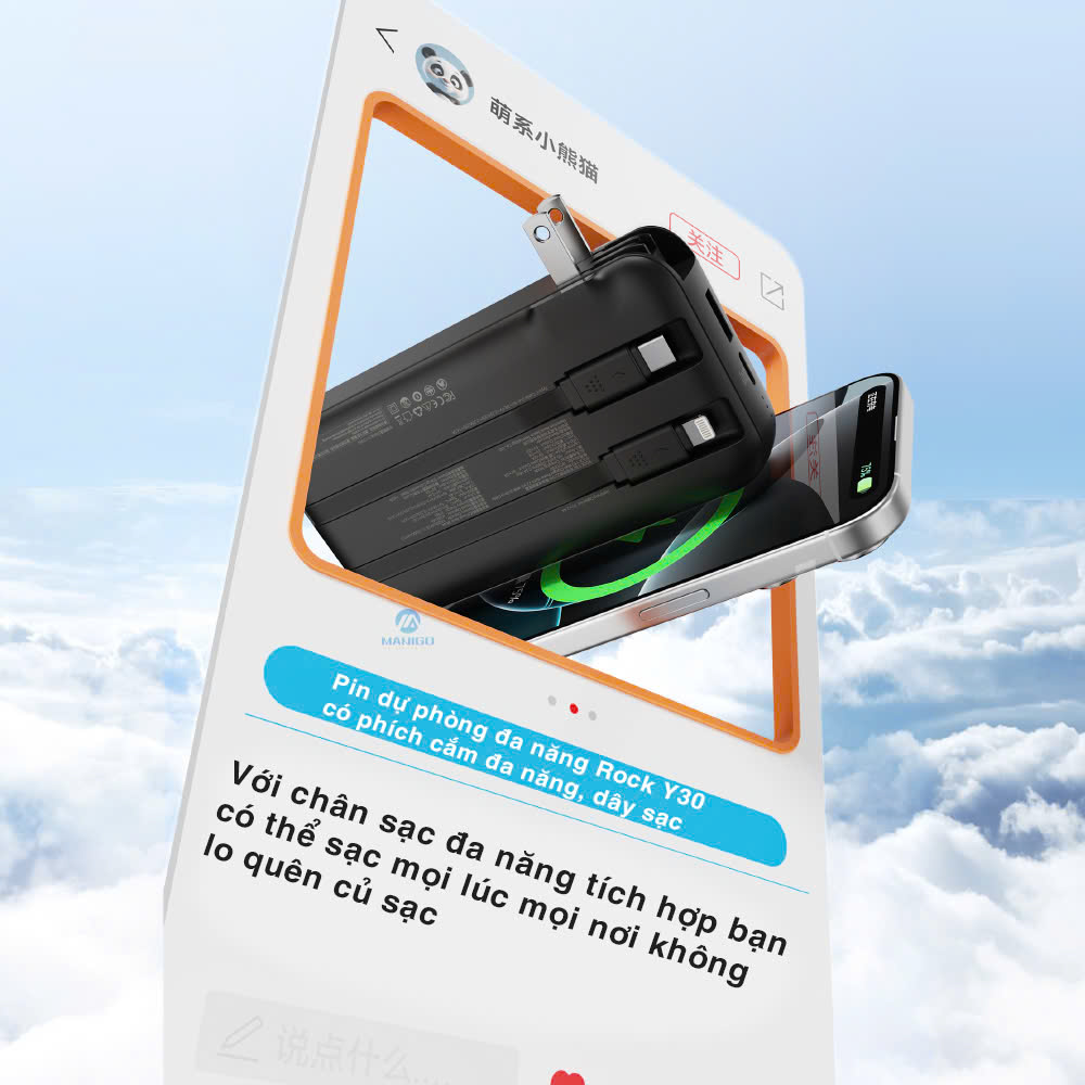 Pin sạc dự phòng ROCKSPACE Y30 10000mah sạc nhanh 22,5W tích hợp củ sạc, hàng chính hãng bảo hành 12 tháng