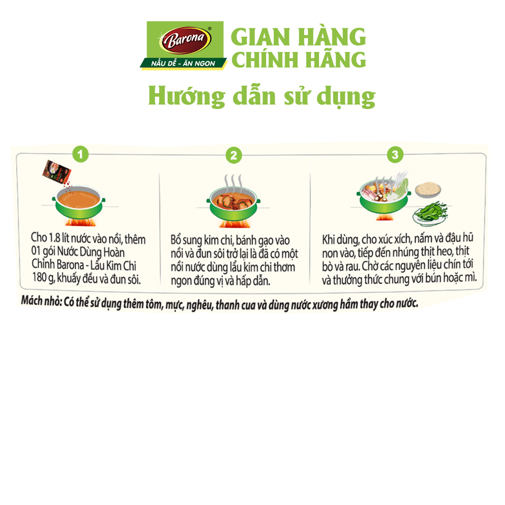 Combo 3 gói Nước dùng Lẩu Kim Chi Barona 180g tươi ngon chuẩn vị không cần nêm nếm