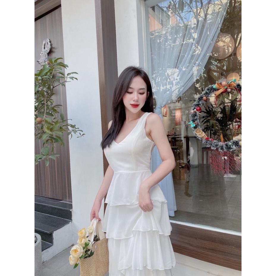 Đầm váy maxi voan tầng trắng nude kem hồng cổ V Ivy.fashion đi biển dự tiệc dạo phố bigsize gợi cảm sexy