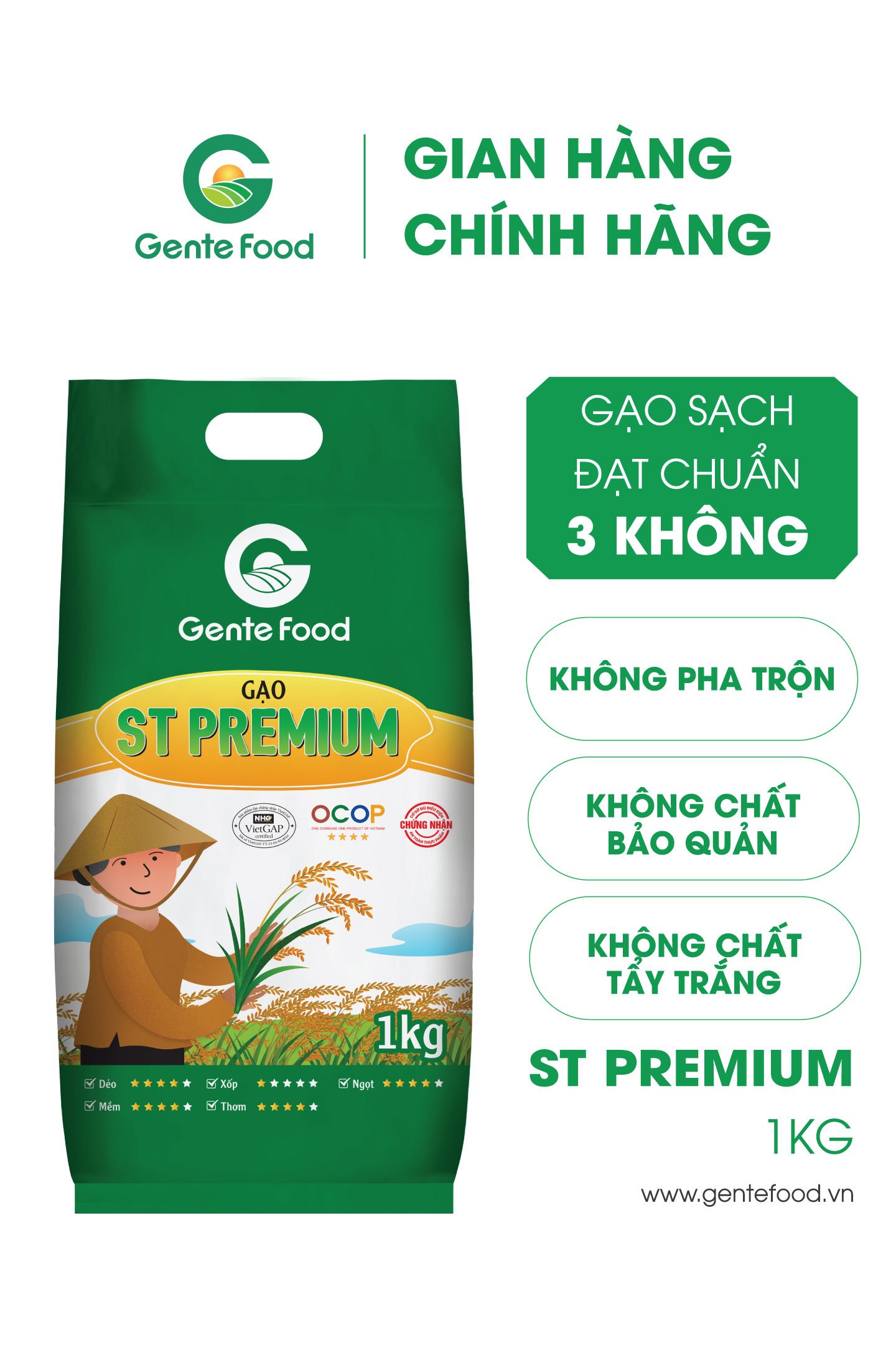 Gạo ST25 Premium Gente Food 1kg - Cơm Thơm, Dai, Mềm Dẻo, Vị Ngọt