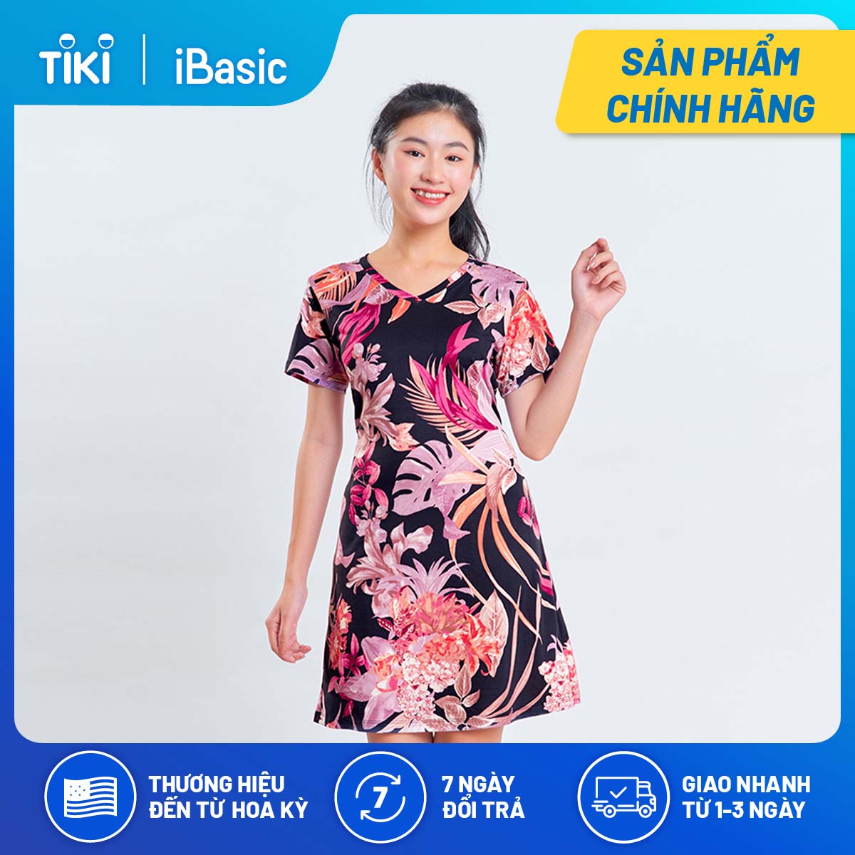 Đầm mặc nhà thun lạnh tay ngắn hoạ tiết iBasic 7916-3