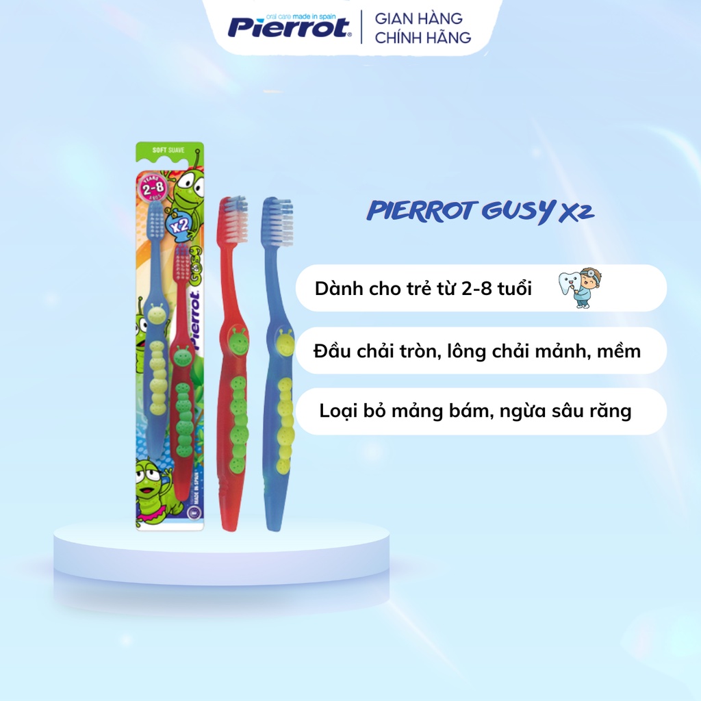 Hình ảnh [ Tặng 1 hộp tăm nhựa ] Bộ đôi bàn chải đánh răng trẻ em siêu mềm PIERROT GUSY X 2