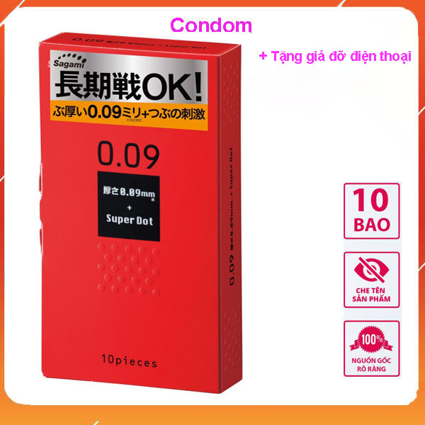 Bao cao su Sagami Super Dots 0.09 Thương hiệu Nhật Bản , Siêu mỏng, Ôm Sát, Có Hạt Nổi  (Hộp 10 CONDOM). Tặng Giá đỡ điện thoại. (Che tên sản phẩm khi giao)