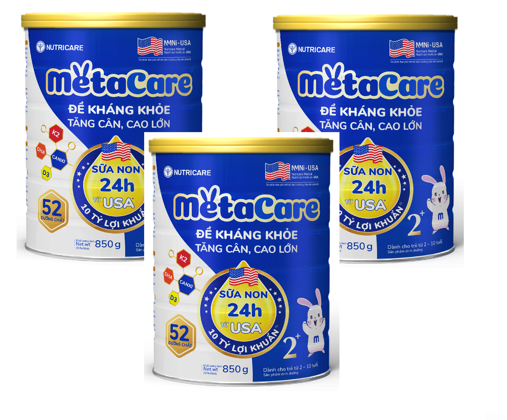 Combo 3 lon Sữa bột Nutricare MetaCare 2+ lon 850g - Đề kháng khoẻ, Tăng cân, Tăng cao