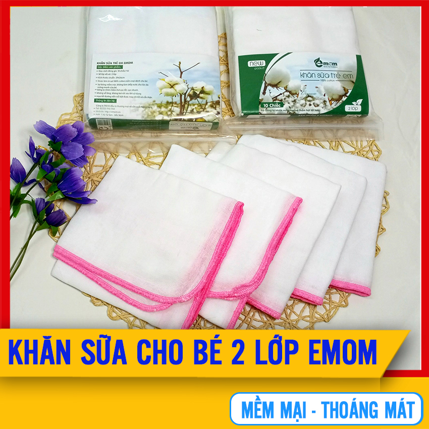 [Set 10 Chiếc] Khăn Sữa Cho Bé Sơ Sinh 2 Lớp Emom, 100% Cotton Cao Cấp, Siêu Mềm Mịn, Thoáng Mát