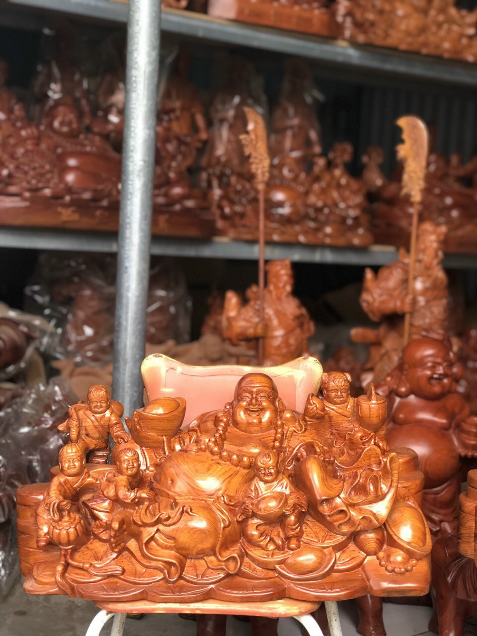 Tượng phật di lặc ngũ phúc bằng gỗ hương đá kt 50×28×26vm