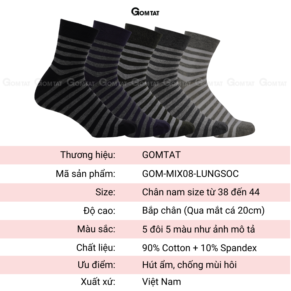 Hộp 5 đôi tất nam cổ lửng công sở GOMTAT cao cấp mẫu MIX08, chất liệu cotton mềm mại, hút ẩm thoáng khí - GOM-MIX08-LUNGSOC-CB5