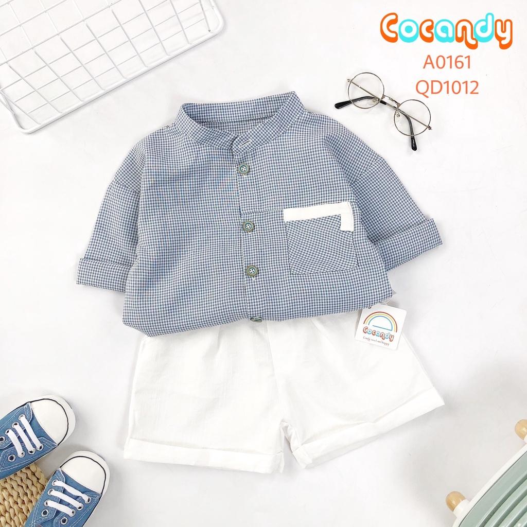 Set đồ cho bé- Áo sơ mi dài tay caro XANH, áo thun và quần cộc trắng cho bé của COCANDY mã A0161, A136A, QD101200