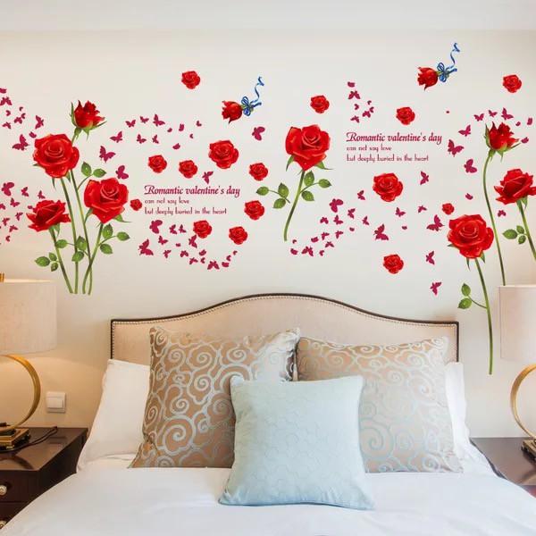 Decal trang trí tường 4 nhành Hoa Hồng Đỏ và Bướm Đỏ